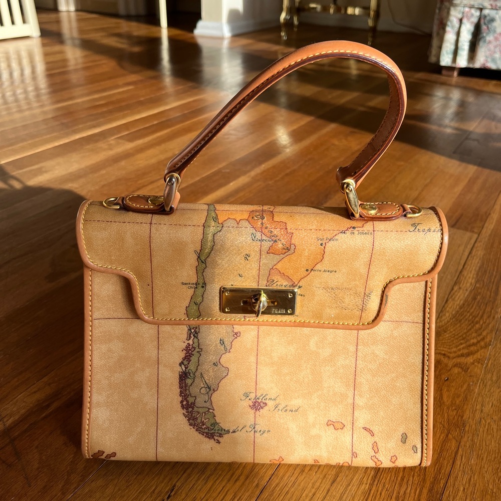Alviero Martini Womens Handheld Handbag Map Brown Luxury Leather Bag